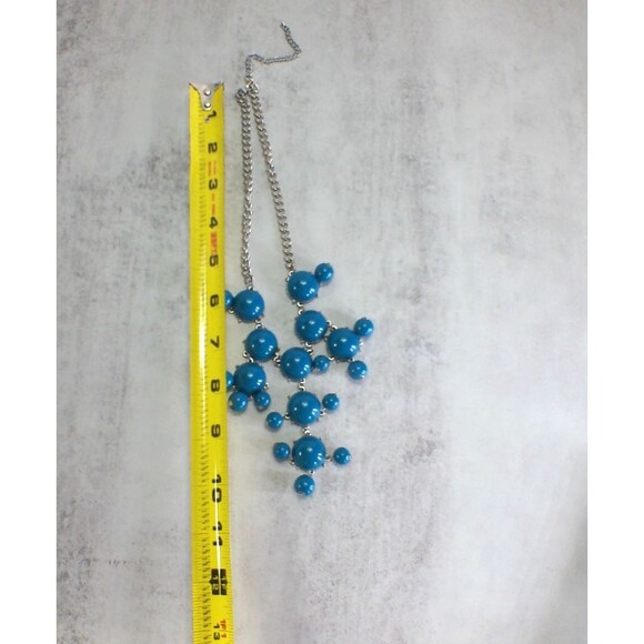 Bubble Cabochon Chandelier Drop Necklace Blue Chunky Statement Silver Tone - Picture 4 of 4